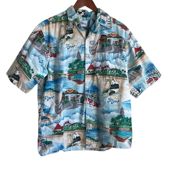 VTG Reyn Spooner Mens San Diego Travel‎ Shirt L Hawaiian All Over Print Vacation - Picture 1 of 9